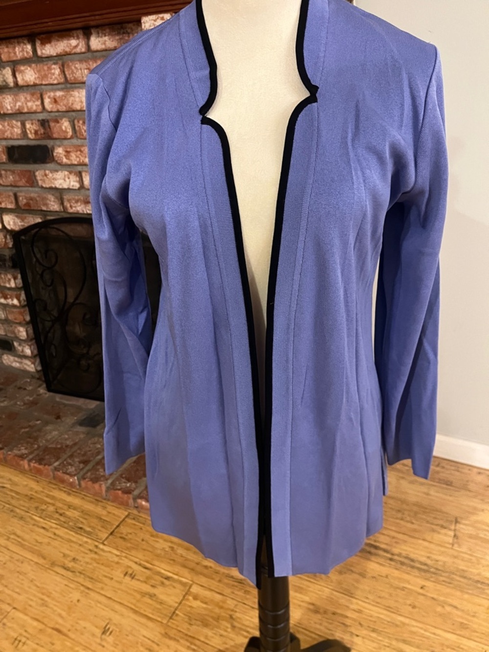 Misook Lavender Blue Open Front Cardigan with Black Trim